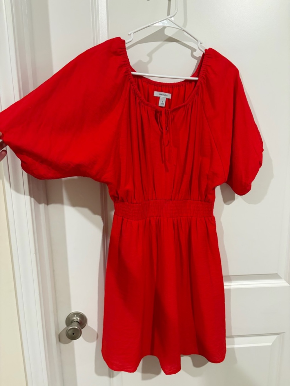 Nine West Red Mini Dress Puff Sleeve Smocked Waist Size Small - Picture 3 of 5